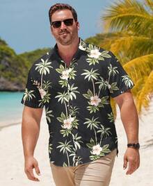 Big And Tall Men's Hawaiian Shirt - Short Sleeve, Tropical Floral Button Down Casual Summer Beach Shirthalloween - Black-green Palm - View 3