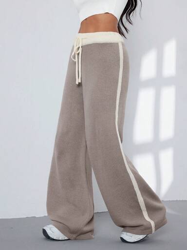 Joy Knit Women's Fashionable & Versatile Knit Wide-Leg Pants - Bow Tie Waist, Contrast Stripes - Suitable For Casual, Holiday, Office Outfits, Going Out Tops, Party, New Year, Autumn/Winter