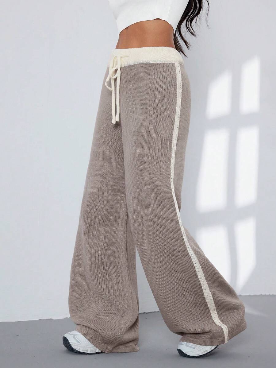 Joy Knit 女士时尚百搭针织阔腿裤 - 蝴蝶结腰带，撞色条纹 - 适合休闲、度假、办公、外出、派对、新年、秋冬季等场合 - 卡其色 - 查看 1