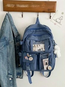 双色经典背包字母贴片，可爱校园风：可爱尼龙背包，带徽章和配件，不含卡片