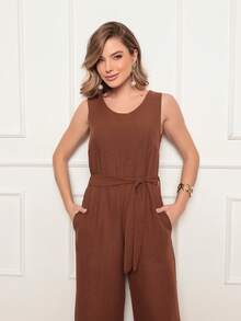 Women's Sleeveless Long Jumpsuit With High Waist Tie Belt And Side Pockets – Elegant And Comfortable - 咖啡棕 - 查看 1