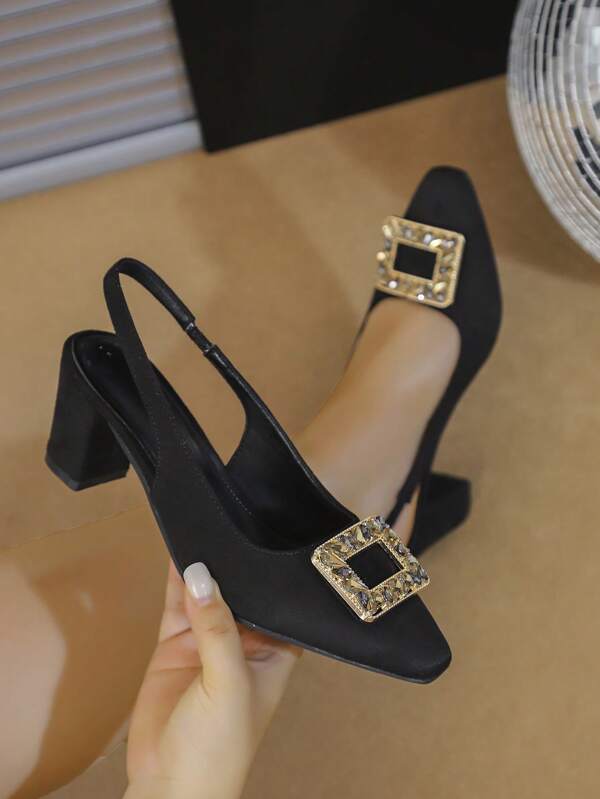1 Pair Women's Fashionable Elegant Square Toe High Heel Sandals, Summer Outdoor Wear, New Design, Rhinestone Decor, Versatile Professional One-Strap Backless High Heels