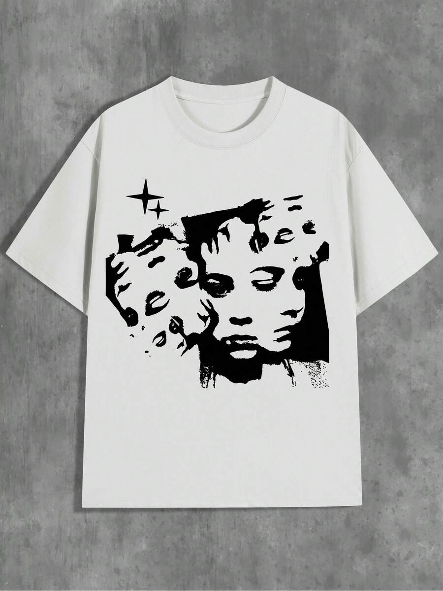 1 Pcs Y2K Brand Cool Sexy Charming Expression Multi-Faceted Portrait Print Versatile Casual Fashion Top Round Neck Short Sleeve T-Shirt - trắng - Xem 1