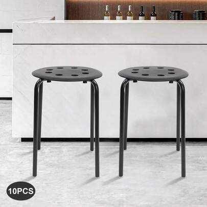 gladney Set Of 10 Portable Black Stack Stools, 17.5" Height, Backless Design For Classrooms, Homes, And Events, Durable Plastic And Iron Construction