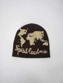 1 件地图图案针织帽，涂鸦时尚百搭帽，适合秋冬，欧盟/美国风格