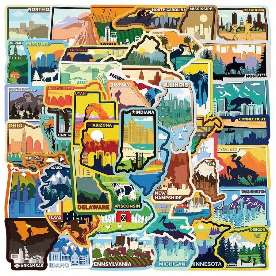50Pcs USA American 50 States Travel Stickers Aesthetic Decals DIY Luggage Phone Motorcycle Car Bike Laptop Sticker - Một cỡ - Xem 1