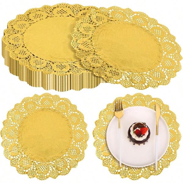 100Pack Round Gold Paper Placemats 13.5 Lace Design Rustic Scallop Edge Disposable Paper Table Mats For Food Cakes Crafts Parties Weddings And Table Decorations