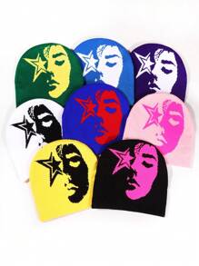 1pc Face Pattern Intarsia Knit Beanie Hat, Fashionable Y2K Vibe, Warm And Windproof