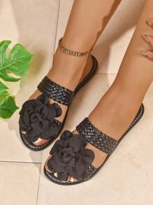 新款春夏时尚女士系带拖鞋，时尚休闲罗马风格一脚蹬凉鞋，颜色有黑色、米色、棕色；舒适平底编织沙滩凉鞋；博主推荐厚底凉鞋；夏季沙滩鞋；优雅扣环低跟圆头拖鞋；防臭防滑简约户外拖鞋；百搭平底一脚蹬女式凉鞋 - 黑色 - 查看 6