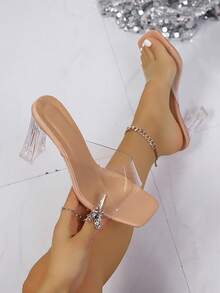 女士高跟凉鞋，女士凉鞋，水晶透明高跟凉鞋，女士粗跟方头透明系带凉拖鞋，杏色性感简约时尚女士高跟鞋 - 杏色 - 查看 3