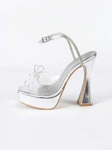 时尚欧美超高跟宴会走秀模特鞋，银色防水台水晶蝴蝶结粗跟方头系带凉鞋