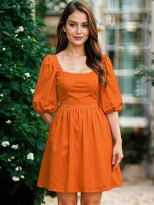 Vestido Corto de Escote Cuadrado con Manga Abullonada Casual para Mujer - Naranja - Ver 3