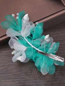 1 件手工真丝雪纺白色花朵蕾丝发夹，婚礼摄影新娘发饰 - 孔雀藍 - 查看 4
