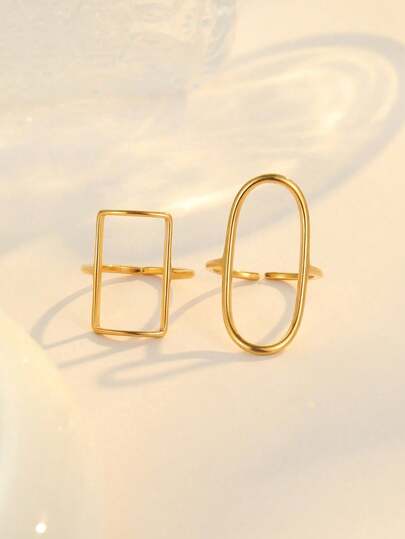 2 件不锈钢金色矩形和椭圆形空心戒指套装，适合女性日常装饰和礼物