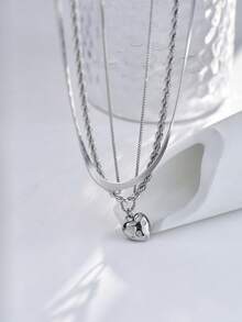 3pcs Luxury Twist Rope Chain Necklace Set With Heart Pendant, Suitable For Women To Wear In Summer Vacation - Silver - View 6