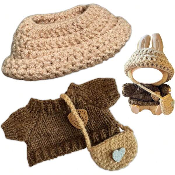 Clothes For Labubu, Clothes Compatitable With Labubu, Clothes For Doll(NO Doll) Clothes Compatible With 17cm Doll, Handcrafted Crochet 3 PiecesSet For 17cm Doll, Clothes For Doll,Premium Doll Outfit With Accessories, Stylish Clothes For Doll