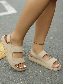 IH2 女士夏季新款纯色边缘钩环手工编织平底凉鞋，百搭休闲度假舒适运动凉鞋 - 杏色 - 查看 6