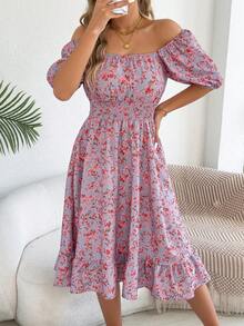 女式休闲荷叶边袖抽绳碎花迷你连衣裙，适合春夏季度假 - 紫色 - 查看 3