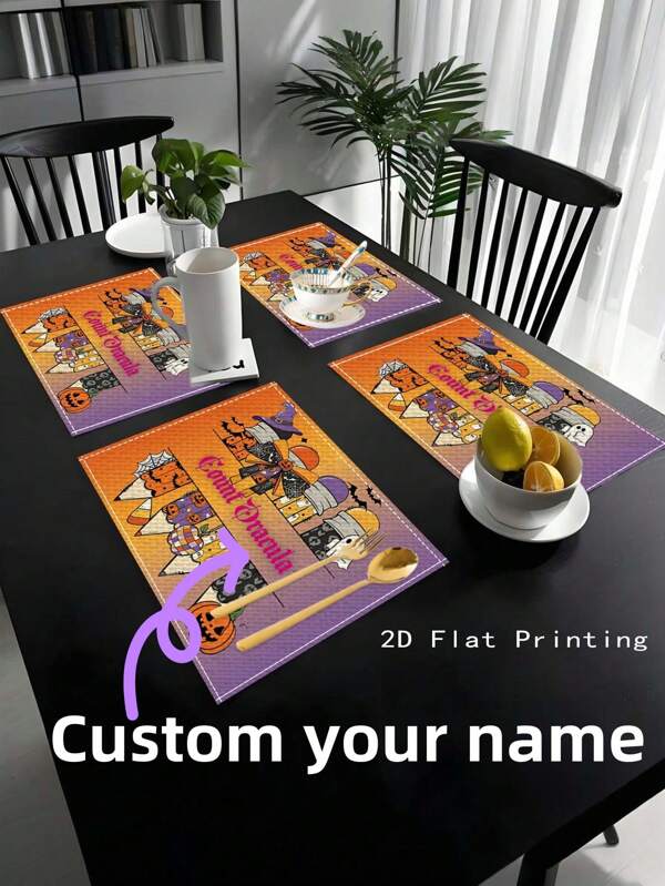 1pc Personalized Halloween Linen Placemats With Custom Name, 32*42cm, Halloween Home Kitchen Table Accessories, Party Festival Room Decor, Great Housewarming Gift For Friends