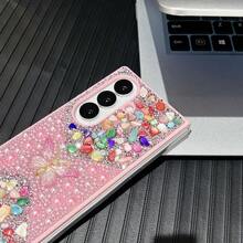 1pc Pearl Butterfly Rhinestone Hard Shell Phone Case Compatible With Samsung Galaxy Z Fold 7/6/5/4/3 5G Waterproof Shockproof Anti-Fall Scratch Resistant - Pink - View 4