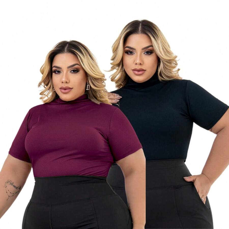 Kit Of 2 Plus Size Cacharrel Women's Blouses With Ribbed Turtleneck, GG To G3 - Black and Wine - View 1