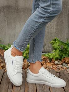 1 Pair New Flat Lace Up Slip On Casual Small White Shoes, Comfortable & Versatile Student Sneakers, Skateboard Shoes, Sizes 35-43 - White - View 4