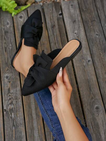 Women's Black Half Covered Mule Shoes With Pointy Toe, Slip-On Loafer, Adorned With Big Bowknot, Elegant & Versatile Backless Flat Shoes For Spring/Autumn