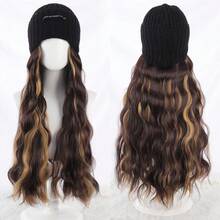 22英寸长直发波浪假发，合成纤维材质，配有弹性针织帽 - 针织帽假发，高温丝，100%密度，自然逼真，适合日常佩戴，基础款