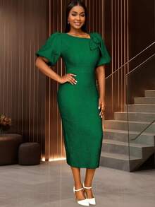 Bodycon Jacquard Elegant Party Graduation Dresses Short Lantern Sleeves 3D Flower Skew Collar Date Out For Birthday, Wedding Guest, Graduation, Dinner, Homecoming - Green - View 3