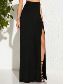 Jupe longue élégante et décontractée pour femmes avec fente latérale, jupe trapèze ajustée - Noir - Voir 2