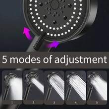 高压手持淋浴喷头，5 种可调节模式，壁挂式设计，含柔性软管和支架 - 黑色塑料圆形淋浴喷头，提升浴室体验，淋浴喷头支架，简约浴室