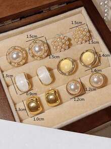 Bộ 6 món kiểu Hồng Kông cổ điển, mặt dây chuyền ngọc trai tròn bề mặt nhẵn, bông tai hình mắt mèo và bông tai đinh tán, thích hợp cho bé gái. - Một cỡ - Xem 9