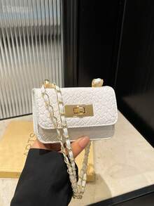 迷你方形包，编织纹理，绗缝，新款女士手提包，菱形图案缝线，高品质单肩包，编织链条包，翻盖小包，口红包，可爱斜挎包，时尚配饰包 - 白色 - 查看 3