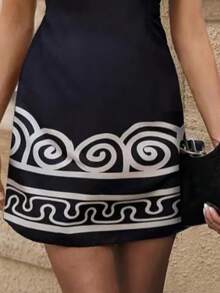 Women's Casual Knit Mini Skirt, Round Neck Short Sleeve, Fitted Style, Unique Hem Pattern - Navy Blue - View 6