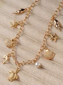 1 件波西米亚风复古海洋风格项链，带可爱海螺、海星、贝壳吊坠，适合日常和度假穿着，金色 - 彩色 - 查看 2