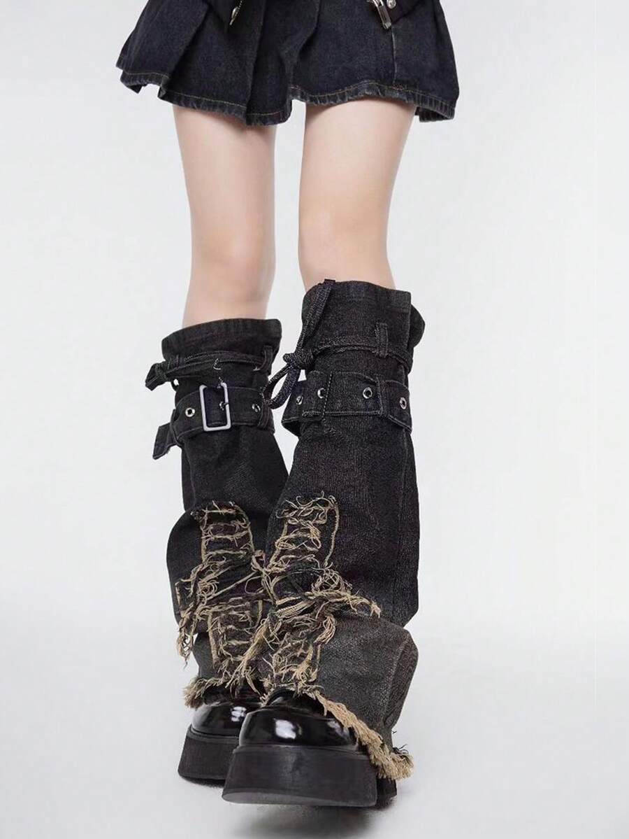 Y2K 复古美式牛仔暖腿套，性感仿皮裤袜，纽扣设计及膝套 - 彩色 - 查看 1