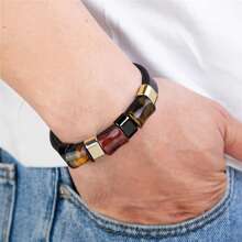 New Fashion Tiger's Eye Stone Chakra Jewelry Charm Stainless Steel Men's Leather Bracelet 100% Natural Stone Bracelet Wholesale