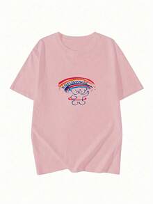 Women's Casual Versatile Graphic Print Crew Neck Short Sleeve T-Shirt, New For Summer - 粉色 - 查看 2