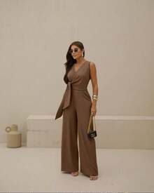 Long Wrap Jumpsuit With V-Neckline - Burnt Caramel - View 1