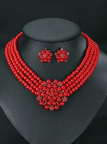 Juego de 3 piezas de collar, pendientes y joyas con flores y perlas falsas para bodas, cena y accesorios nupciales