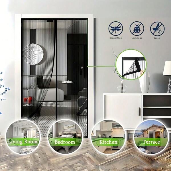 Cortina de tela magnética para porta, 1 peça, serve em portas padrão (vários tamanhos disponíveis), material de fibra respirável e durável, à prova de mosquitos, faixas verticais pretas, divisor de espaço com ventilação, adequada para sala de estar, quarto, cozinha, varanda e muito mais.