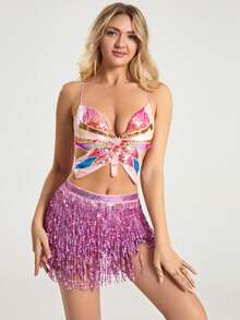 2pcs Set Glitter Fringe Strap Dress For Belly Dancing, Latin Dance, Stage Performance, Competition - 彩色 - 查看 17