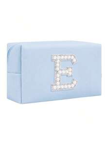 女士八角形化妆包，PU字母化妆包，便携式雪尼尔字母拉链化妆包，字母贴片PU皮革防水旅行洗漱包，字母组合化妆袋（字母A~Z），适合秋季家居装饰 - 藍色+珍珠字母 A-Z - 查看 36