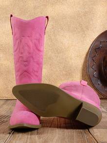 Women'S Cowboy Western Boots Point Toe Pull On Cowgirl Boots  Embroidered Detail Chunky Heeled Back To School Music Festival Matching Dress Mid Calf Hot Pink Boots - 玫紅色 - 查看 6