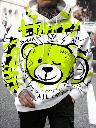 Men's 3D Happy Bear Printed Long Sleeve Drawstring Hoodie Casual Hoodie , Fall