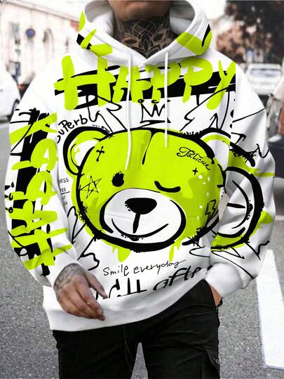Men's 3D Happy Bear Printed Long Sleeve Drawstring Hoodie Casual Hoodie , Fall