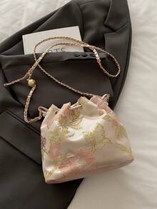 1 件带链条、刺绣和珍珠装饰的抽绳封口面料印花水桶包，可爱花卉单肩手提包，斜挎口红袋，时尚礼品袋，适合女士派对、晚装、日常使用 - 粉色 - 查看 9