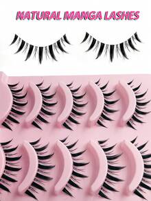 Asiteo 5 对假睫毛簇状睫毛自然外观，纤细漫画睫毛延长条带透明带短款动漫韩国假睫毛 - 黑色 - 查看 5