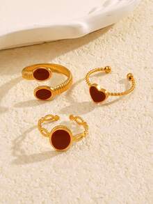 3 件套不锈钢几何心形开口戒指套装，简约红色渐变女款，适合日常和节日佩戴 - 彩色 - 查看 5