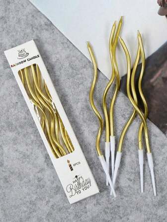 12pcs Birthday Cake Candles, 6pcs/Box, Cake Decoration, Spiral Candles, Curve Candles, Gold Candles, Silver Candles, Twisted Candles, Arch Candles For Birthday, Wedding, Festival, Party Supplies